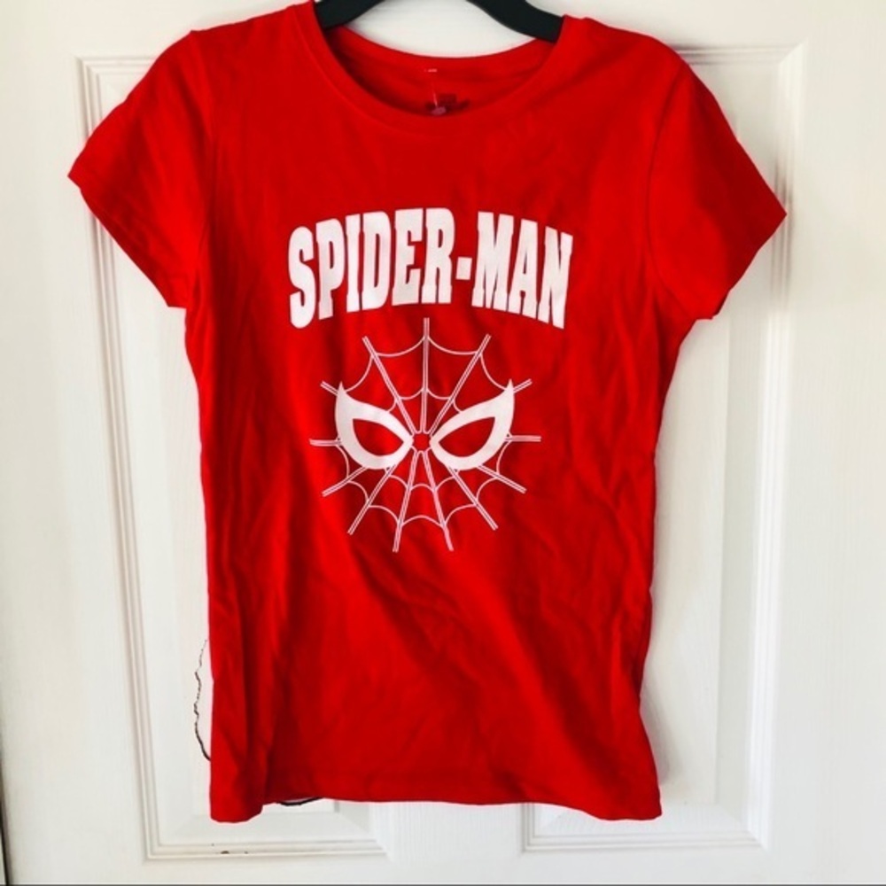 NWOT MARVEL Spider Man web girls sparkly glitter red short sleeve cotton shirt L